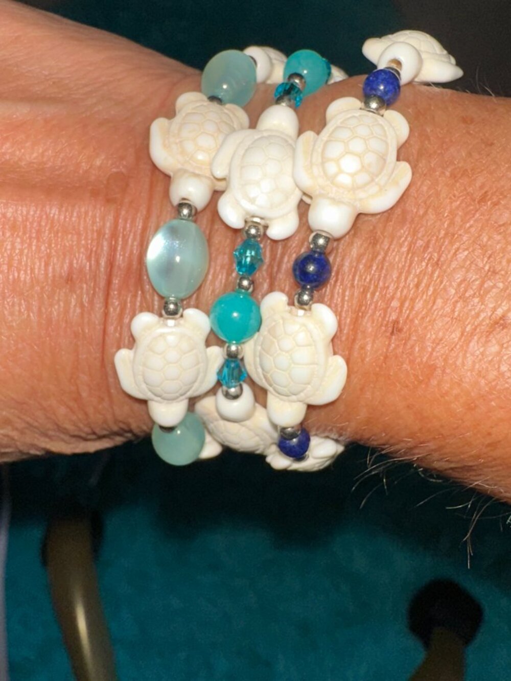 Beautifully handcrafted in Hawaii - Hono- Sea Turtle bracelet w/ aqua crystals